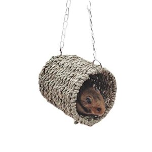 Hamster Sea Grass Hammock with Mat 3 Rattan Balls Set - Natural Hanging Tunnel Bed House Snuggle Hut Small Animal Chew Toys for Silk Bear Hamster Rat Gerbil Sugar Glider Bird (4.72''Lx3.93''W)