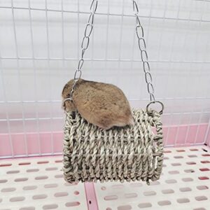 Hamster Sea Grass Hammock with Mat 3 Rattan Balls Set - Natural Hanging Tunnel Bed House Snuggle Hut Small Animal Chew Toys for Silk Bear Hamster Rat Gerbil Sugar Glider Bird (4.72''Lx3.93''W)