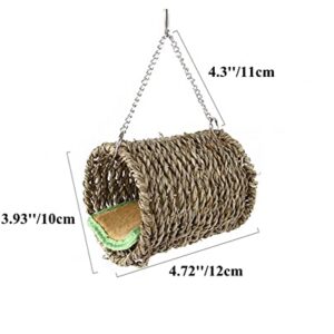 Hamster Sea Grass Hammock with Mat 3 Rattan Balls Set - Natural Hanging Tunnel Bed House Snuggle Hut Small Animal Chew Toys for Silk Bear Hamster Rat Gerbil Sugar Glider Bird (4.72''Lx3.93''W)