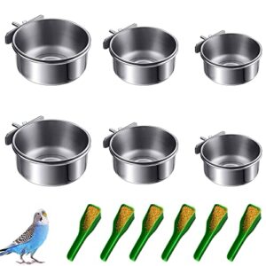 lucky interests 6 pcs bird feeding dish cups, three sizes parrot stainless steel food bowl bird cage water feeder with clamp holder for parrots cockatiel budgies lovebird parakeet with 6 bird spoon