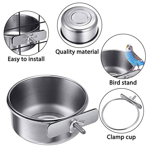 Lucky Interests 6 pcs Bird Feeding Dish Cups, Three Sizes Parrot Stainless Steel Food Bowl Bird Cage Water Feeder with Clamp Holder for Parrots Cockatiel Budgies Lovebird Parakeet with 6 Bird Spoon