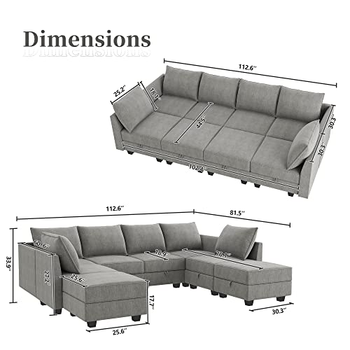 HONBAY Oversized Sectional Sofa with Chaise Modern Sleeper Modular Sofa Couch U Shaped Sofa Sectional for Living Room, Grey