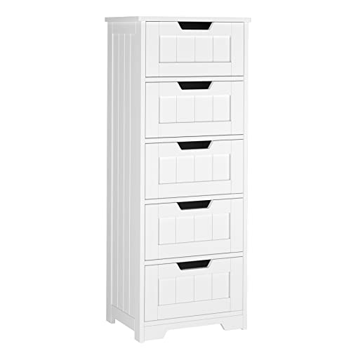 TTVIEW Bathroom Floor Cabinet with 5 Drawer Dresser, with Avoid-Tipping Device, White, Freestanding Side Tall Storage Cabinet Narrow Drawers for Small Spaces