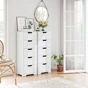 TTVIEW Bathroom Floor Cabinet with 5 Drawer Dresser, with Avoid-Tipping Device, White, Freestanding Side Tall Storage Cabinet Narrow Drawers for Small Spaces