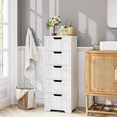 TTVIEW Bathroom Floor Cabinet with 5 Drawer Dresser, with Avoid-Tipping Device, White, Freestanding Side Tall Storage Cabinet Narrow Drawers for Small Spaces