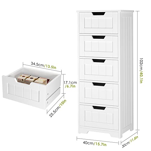 TTVIEW Bathroom Floor Cabinet with 5 Drawer Dresser, with Avoid-Tipping Device, White, Freestanding Side Tall Storage Cabinet Narrow Drawers for Small Spaces