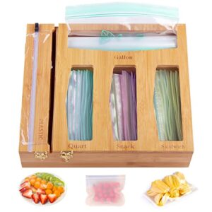 ziplock bag storage organizer with plastic wrap dispenser for kitchen drawer, bamboo baggie organizer for gallon, quart, sandwich and snack, aluminum foil and wax paper holder compatible with 12" roll