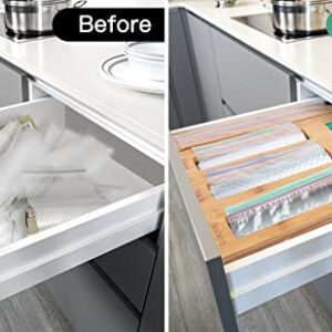 Ziplock Bag Storage Organizer with Plastic Wrap Dispenser for Kitchen Drawer, Bamboo Baggie Organizer for Gallon, Quart, Sandwich and Snack, Aluminum Foil and Wax Paper Holder Compatible with 12" Roll