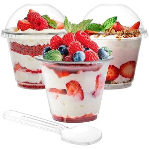 Coloch 100 Pack 9 Oz Clear Plastic Dessert Cup with Dome Lid and Spoon, Disposable PET Crystal Parfait Cup Take-out Liquid Container for Fruit, Dessert, Cupcake, Cold Drinks, Ice Cream, Snack