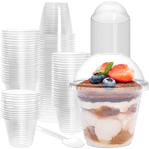 Coloch 100 Pack 9 Oz Clear Plastic Dessert Cup with Dome Lid and Spoon, Disposable PET Crystal Parfait Cup Take-out Liquid Container for Fruit, Dessert, Cupcake, Cold Drinks, Ice Cream, Snack