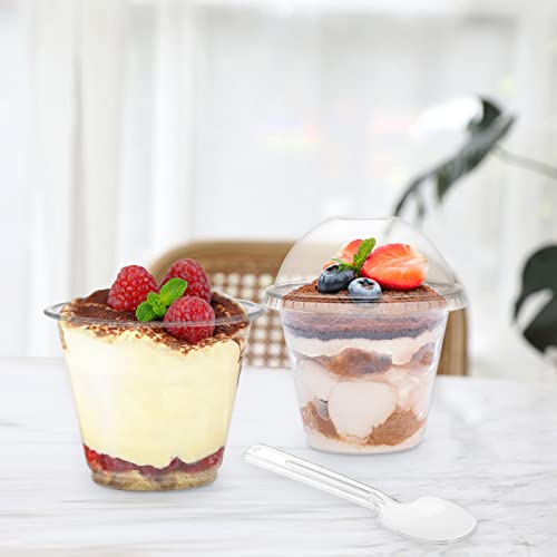 Coloch 100 Pack 9 Oz Clear Plastic Dessert Cup with Dome Lid and Spoon, Disposable PET Crystal Parfait Cup Take-out Liquid Container for Fruit, Dessert, Cupcake, Cold Drinks, Ice Cream, Snack