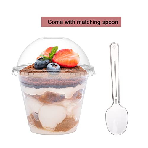 Coloch 100 Pack 9 Oz Clear Plastic Dessert Cup with Dome Lid and Spoon, Disposable PET Crystal Parfait Cup Take-out Liquid Container for Fruit, Dessert, Cupcake, Cold Drinks, Ice Cream, Snack