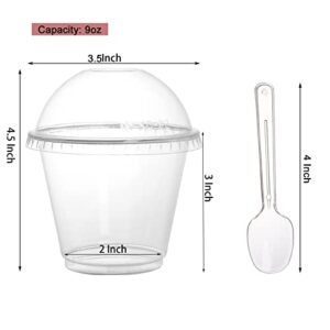 Coloch 100 Pack 9 Oz Clear Plastic Dessert Cup with Dome Lid and Spoon, Disposable PET Crystal Parfait Cup Take-out Liquid Container for Fruit, Dessert, Cupcake, Cold Drinks, Ice Cream, Snack