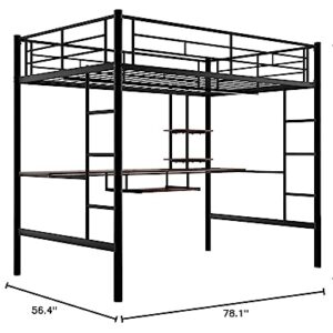 GLORHOME Full Size Metal High Loft Bed with Under-Bed Long Desk & Storage Shelves Ladder Safety Guard Rails, Space Saving Bedroom Furniture for Kids Teens Adults, Black