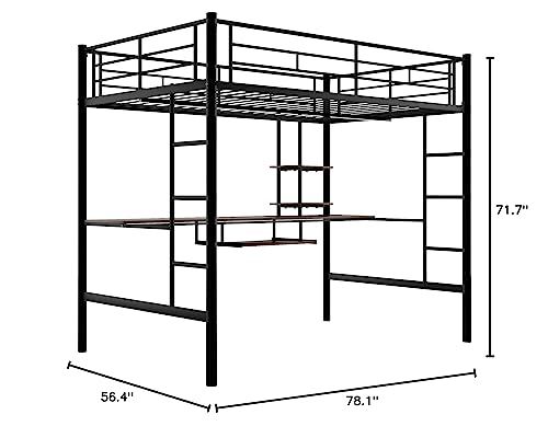 GLORHOME Full Size Metal High Loft Bed with Under-Bed Long Desk & Storage Shelves Ladder Safety Guard Rails, Space Saving Bedroom Furniture for Kids Teens Adults, Black