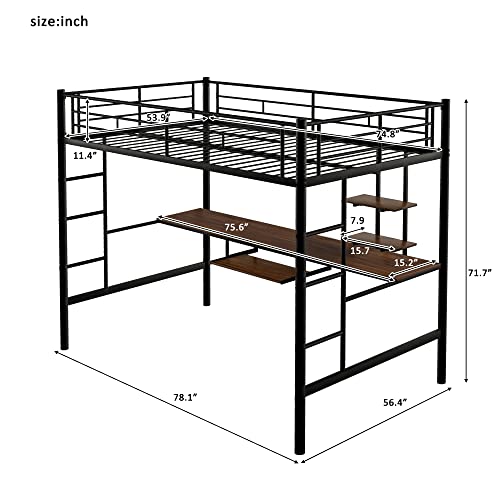 GLORHOME Full Size Metal High Loft Bed with Under-Bed Long Desk & Storage Shelves Ladder Safety Guard Rails, Space Saving Bedroom Furniture for Kids Teens Adults, Black