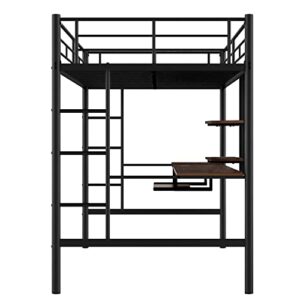 GLORHOME Full Size Metal High Loft Bed with Under-Bed Long Desk & Storage Shelves Ladder Safety Guard Rails, Space Saving Bedroom Furniture for Kids Teens Adults, Black