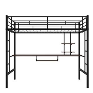 GLORHOME Full Size Metal High Loft Bed with Under-Bed Long Desk & Storage Shelves Ladder Safety Guard Rails, Space Saving Bedroom Furniture for Kids Teens Adults, Black