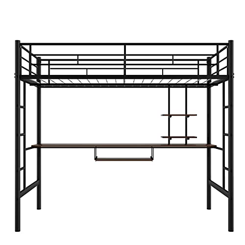 GLORHOME Full Size Metal High Loft Bed with Under-Bed Long Desk & Storage Shelves Ladder Safety Guard Rails, Space Saving Bedroom Furniture for Kids Teens Adults, Black