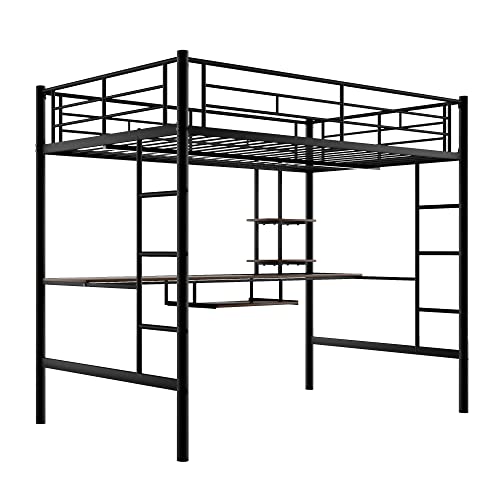 GLORHOME Full Size Metal High Loft Bed with Under-Bed Long Desk & Storage Shelves Ladder Safety Guard Rails, Space Saving Bedroom Furniture for Kids Teens Adults, Black