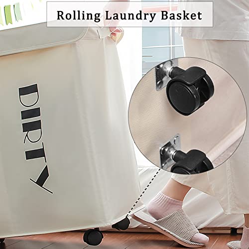 ParkNbuy 2 Section Laundry Hamper with Wheels and Lid,Large Laundry Basket on Wheels with Handle,Oxford Cloth Hamper on Wheels for Family Room Clothing Toys