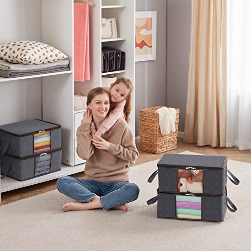 Lifewit 4-Pack Clothes Storage Bag, Foldable Storage Bins Closet Organizer with Reinforced Handle, Storage Containers With Sturdy Fabric Clear Window for Towel, Sweater, T-shirts, Gray