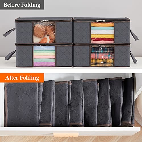 Lifewit 4-Pack Clothes Storage Bag, Foldable Storage Bins Closet Organizer with Reinforced Handle, Storage Containers With Sturdy Fabric Clear Window for Towel, Sweater, T-shirts, Gray