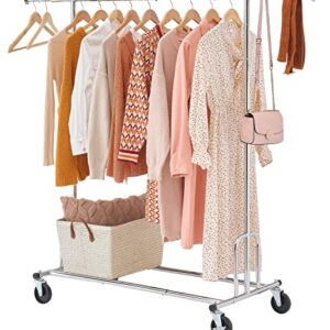 Tajsoon Heavy Duty Clothes Rack,Foldable Garment Rack,Freestanding Commercial Clothing Rack,Adjustable Rolling Clothes Organizer With Wheels And Bottom Storage Display Shelf,Metal,Stackable,Chrome…