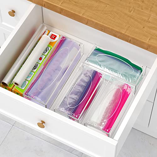 Ziplock Bag Organizer for Drawer, Baggie Organizer for Kitchen Plastic Bag Storage, Sandwich Freezer Snack Organizer Box for Ziploc Hefty Quart Slider Bags, 4 Separate Clear Acrylic Containers