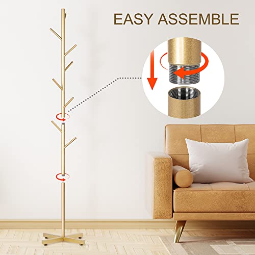 ZOZOE Coat Rack, Metal Coat Rack Freestanding with 8 Hooks, Coat Rack Stand Easy to Assemble, Coat Tree Suitable for Hanging Clothes, Bags, Hats, Accessories (Golden)