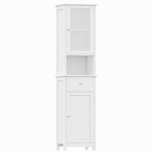 rovaurx tall bathroom floor cabinet with glass doors, narrow freestanding storage cabinet with adjustable shelf, wooden bathroom storage cabinet, pantry with drawer, white bmgz105w