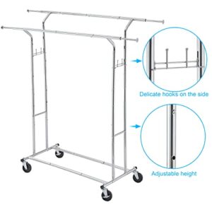 Tajsoon Clothes Rack,Collapsible Heavy Duty Garment Rack,Extendable Standard Double Rods Clothes Hanging Rack,Commercial Clothing Display Stand,Adjustable Rolling Clothes Organizer With Wheels,Chrome