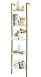 tajsoon industrial bookcase, ladder shelf, 5-tier wood wall mounted bookshelf with stable metal frame, open display rack, storage shelves for bedroom, home office, plant flower, white & gold