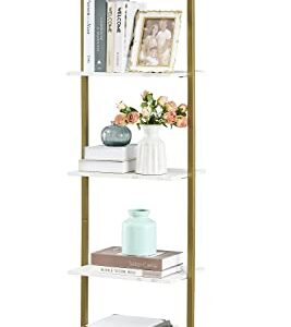 Tajsoon Industrial Bookcase, Ladder Shelf, 5-Tier Wood Wall Mounted Bookshelf with Stable Metal Frame, Open Display Rack, Storage Shelves for Bedroom, Home Office, Plant Flower, White & Gold