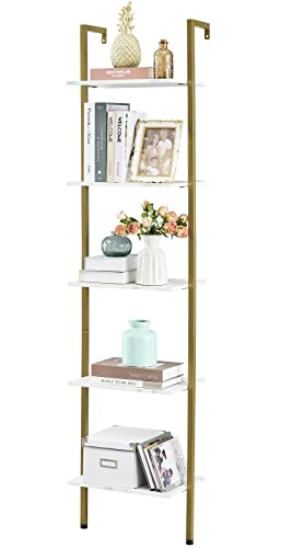 Tajsoon Industrial Bookcase, Ladder Shelf, 5-Tier Wood Wall Mounted Bookshelf with Stable Metal Frame, Open Display Rack, Storage Shelves for Bedroom, Home Office, Plant Flower, White & Gold