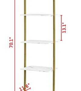 Tajsoon Industrial Bookcase, Ladder Shelf, 5-Tier Wood Wall Mounted Bookshelf with Stable Metal Frame, Open Display Rack, Storage Shelves for Bedroom, Home Office, Plant Flower, White & Gold