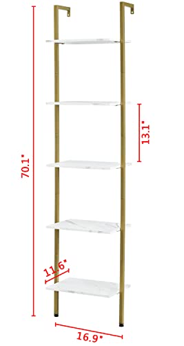 Tajsoon Industrial Bookcase, Ladder Shelf, 5-Tier Wood Wall Mounted Bookshelf with Stable Metal Frame, Open Display Rack, Storage Shelves for Bedroom, Home Office, Plant Flower, White & Gold