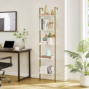 Tajsoon Industrial Bookcase, Ladder Shelf, 5-Tier Wood Wall Mounted Bookshelf with Stable Metal Frame, Open Display Rack, Storage Shelves for Bedroom, Home Office, Plant Flower, White & Gold