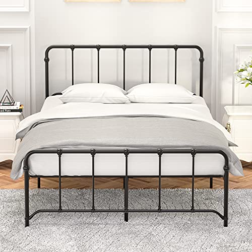 Hosslly Black Metal Full Bed Frame with Headboard and Storage 12 inch Platform No Box Spring Needed Easy Assembly