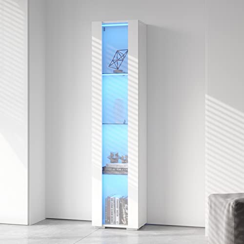 SSLine Modern LED Display Cabinet with Door and 4 Glass Shelves 67" Tall Curio Storage Cabinet Bookcase with LED Light Stylish White Wood Utility Locker Cabinet for Home Office