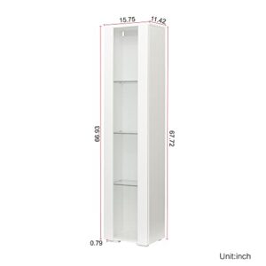 SSLine Modern LED Display Cabinet with Door and 4 Glass Shelves 67" Tall Curio Storage Cabinet Bookcase with LED Light Stylish White Wood Utility Locker Cabinet for Home Office