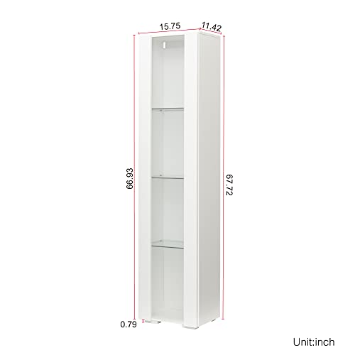 SSLine Modern LED Display Cabinet with Door and 4 Glass Shelves 67" Tall Curio Storage Cabinet Bookcase with LED Light Stylish White Wood Utility Locker Cabinet for Home Office