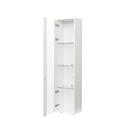 SSLine Modern LED Display Cabinet with Door and 4 Glass Shelves 67" Tall Curio Storage Cabinet Bookcase with LED Light Stylish White Wood Utility Locker Cabinet for Home Office