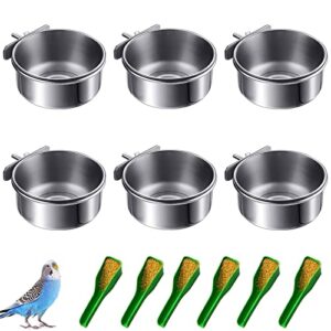 lucky interests 6 pcs bird feeding dish cups, parrot stainless steel food bowl bird cage water feeder with clamp holder for parrots cockatiel budgies lovebird parakeet feeding cups with 6 bird spoon