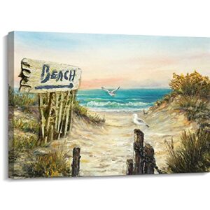 beach canvas wall art coastal ocean and seabird wall artwork beach theme seascape modern home bathroom decor framed ready to hang (beach, 12" x 15")