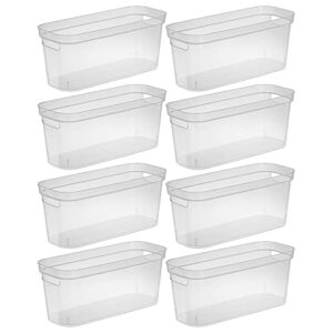 sterilite 6.25x6.25x15 inch narrow modern storage bin with comfortable carry through handles and banded rim for household organization, clear (8 pack)