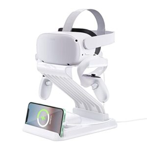 cnbeyoung charging dock station compatible with quest 2 quest 3 apple vision pro, vr headset display stand&controller holder with wireless charger compatible with iphone apple watch airpods series