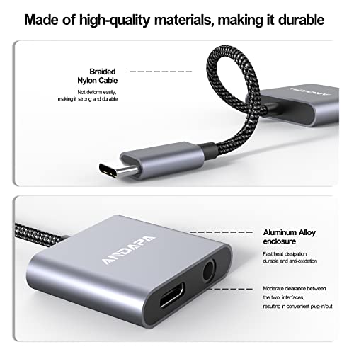 ANDAPA USB C to 3.5mm Headphone and Charger Adapter, 2-in-1 Type C to Aux Audio Jack Hi-Res DAC and PD Fast Charging Dongle Cable Compatible with Galaxy S22 S21 S20 S20+ Note 20,Pixel 6/5XL,ipad pro