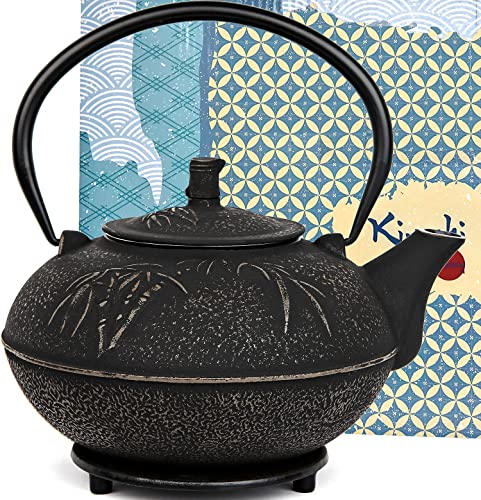 XXL Cast Iron Teapot Xtra Large Capacity 85Oz/2500ml with Trivet and Loose Leaf Tea Infuser, Large Cast Iron Teapot Kettle Stovetop Safe. Tetsubin Coated with Enamel Interior - Big Teapot Black