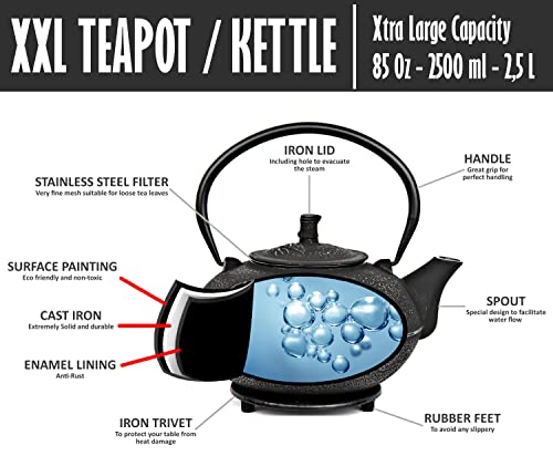 XXL Cast Iron Teapot Xtra Large Capacity 85Oz/2500ml with Trivet and Loose Leaf Tea Infuser, Large Cast Iron Teapot Kettle Stovetop Safe. Tetsubin Coated with Enamel Interior - Big Teapot Black